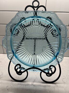 Anchor Hocking 1930’s Mayfair “Open Rose” Ice Blue Footed Tab Handled Cake Plate